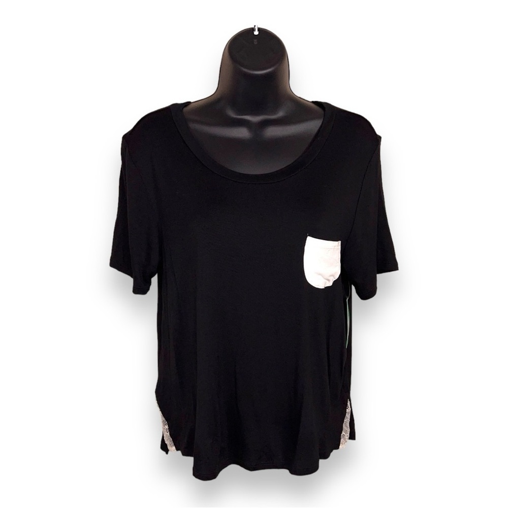 NEW HONEY DEW BLACK CASUAL TOP WHITE ACCENT LOUNGEWEAR SLEEPWEAR SOFT STRETCH